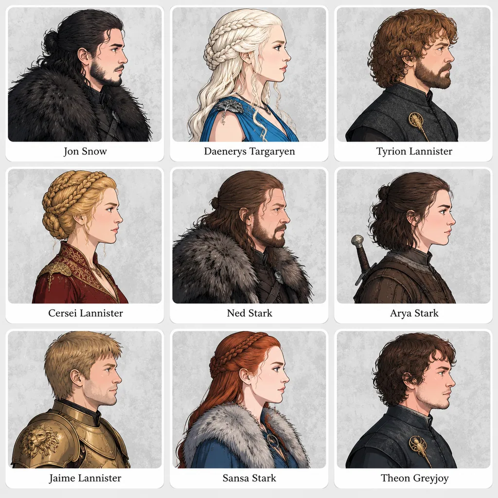 Three by three grid of flat profile portraits of fantasy saga characters in rounded frames