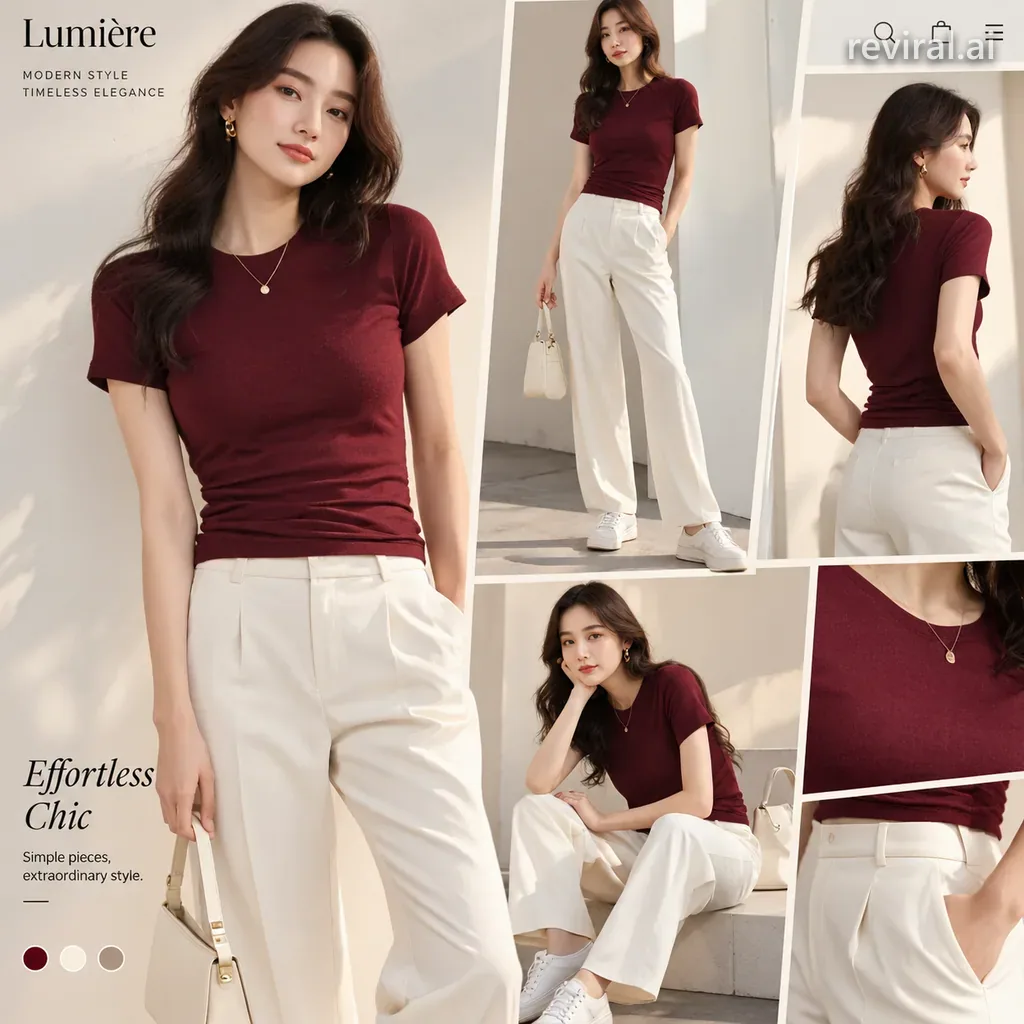 Catalog collage of a model in a burgundy top and ivory pants in repeated poses