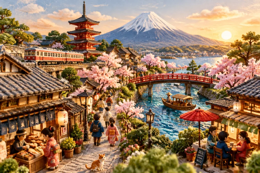 Needle-felted wool diorama of Japan with shops, a river and Mount Fuji