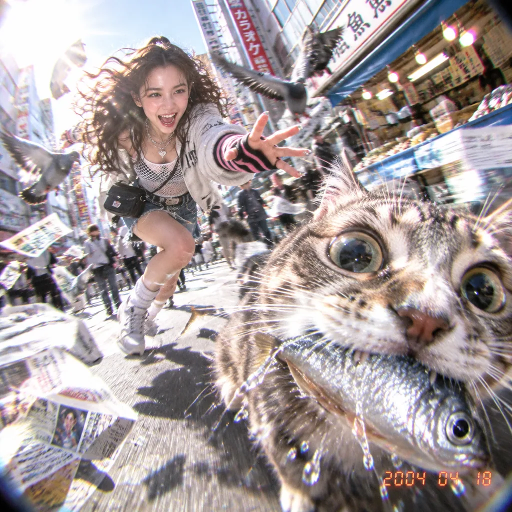 CCD camera style street snap of a person chasing a cat through a fish market