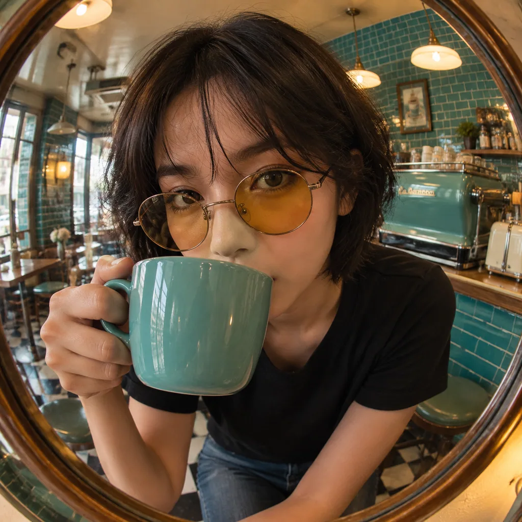 Fisheye close-up of a young woman sipping from a teal mug in a retro cafe with teal tiles