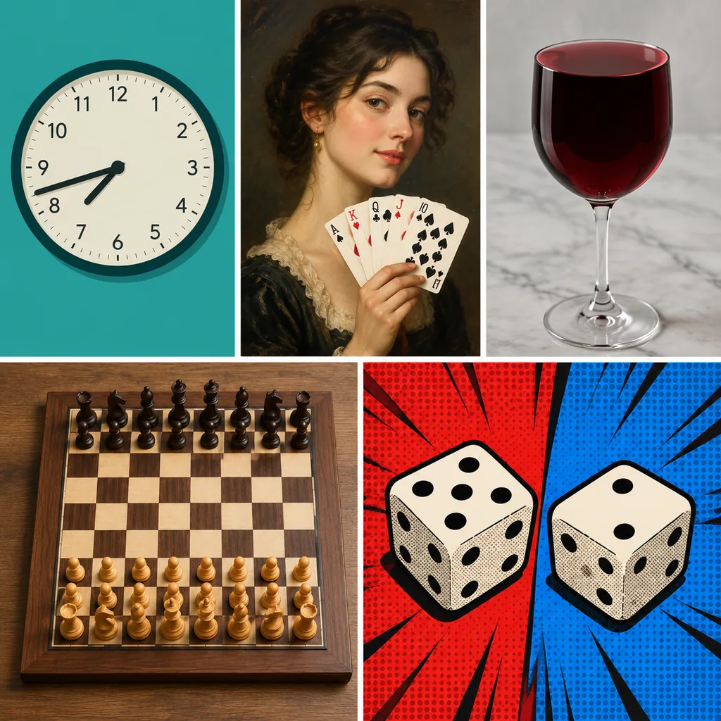 Five panel collage with a clock, a woman holding playing cards, a wine glass and a chessboard