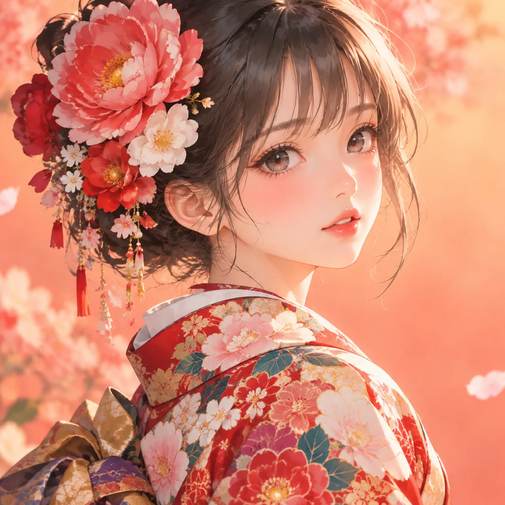 Anime portrait of a girl in a floral kimono with large flowers in her hair