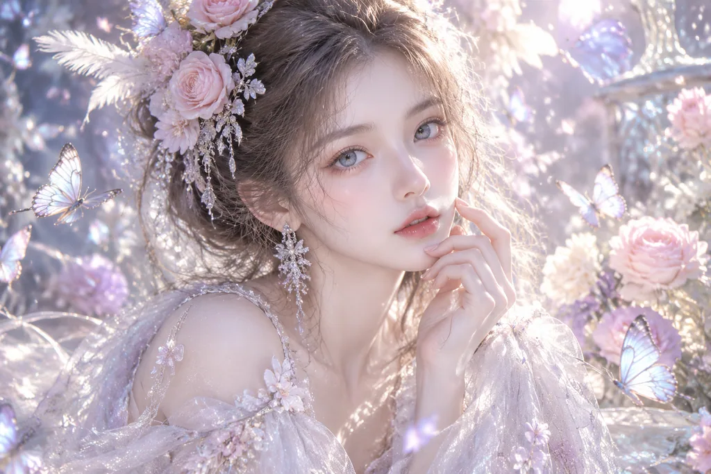 Ethereal portrait of a woman with grey-blue eyes and a flower crown touching her chin