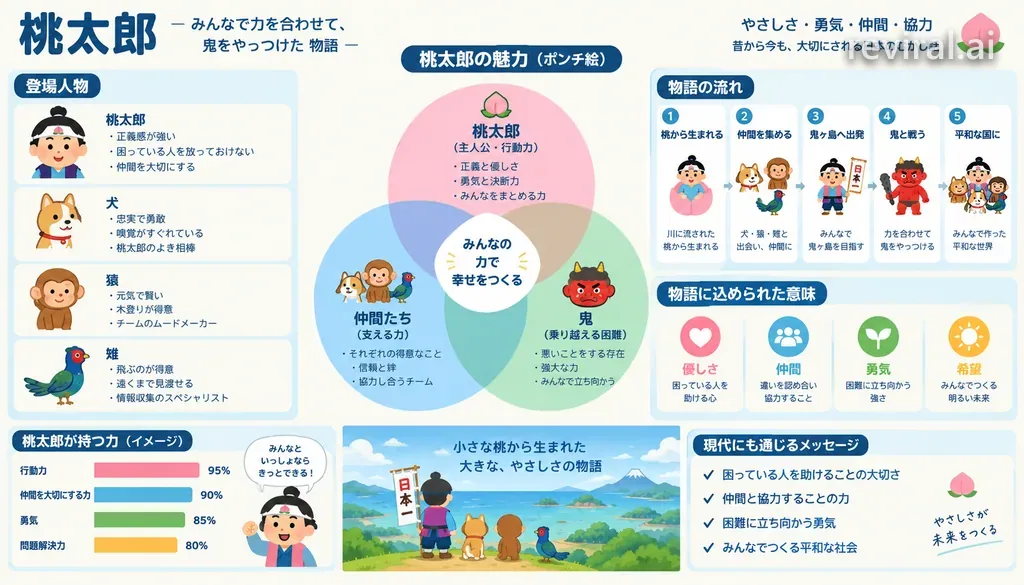 Dense ponchi-e style diagram slide explaining a folk tale with gentle cartoon icons
