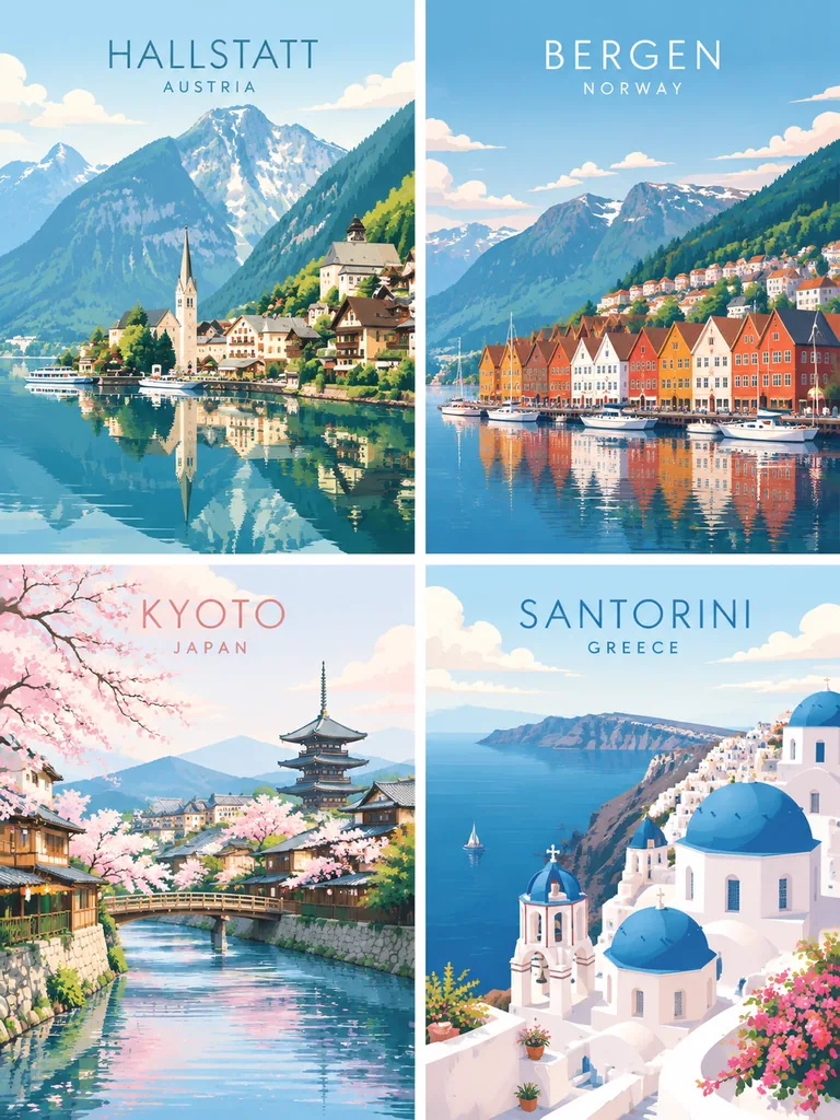 Pastel flat vector travel posters of iconic places including Hallstatt lakeside village