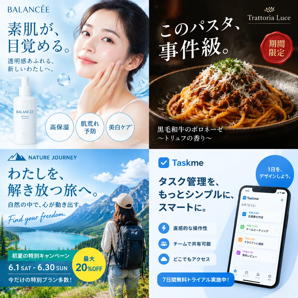 2x2 grid of ads for skincare, a pasta restaurant and other industries with Japanese copy