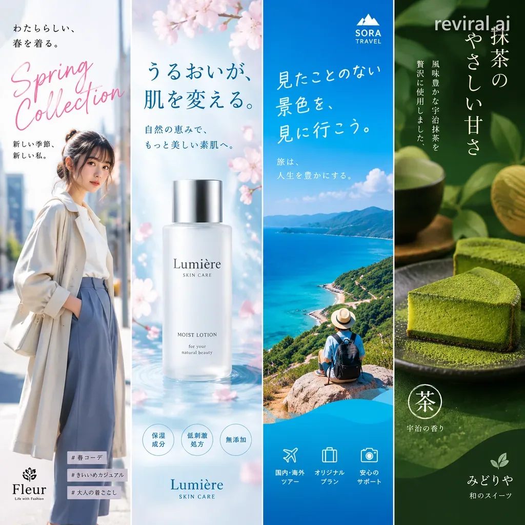 Four fictional trendy Japanese advertisements of different product types arranged side by side