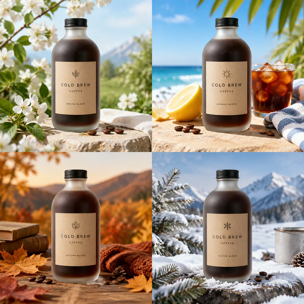 2x2 grid showing a cold brew bottle in four seasonal campaign scenes with distinct palettes