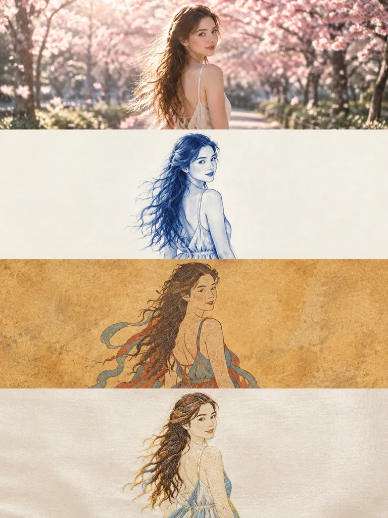 Vertical poster in four stacked bands: original photo then three minimal art style versions