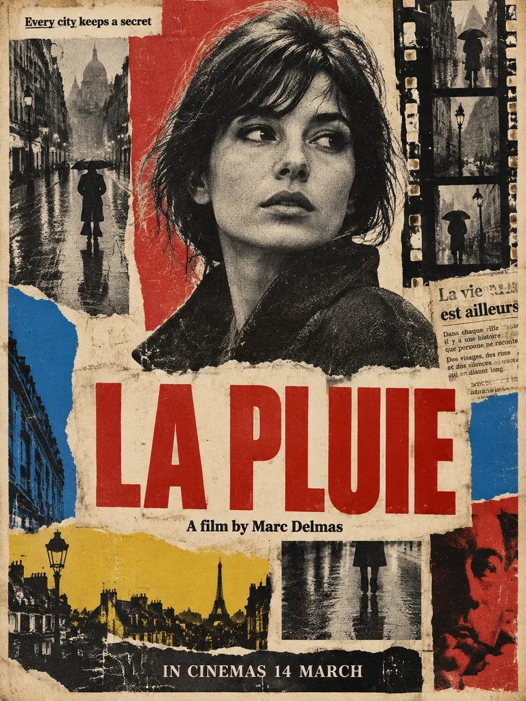 Torn-paper 1960s film poster with a black and white portrait, red and blue blocks and bold type