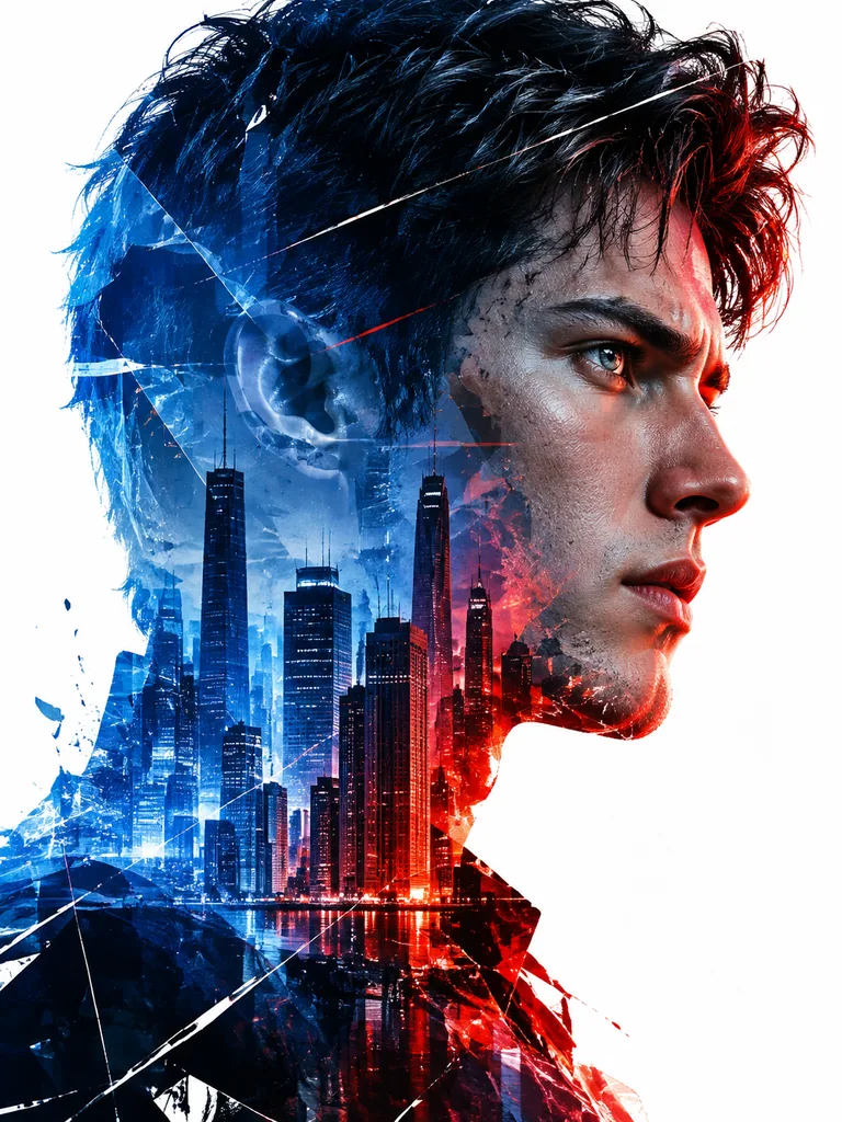 Double exposure side profile of a young man merged with a futuristic red and blue city skyline