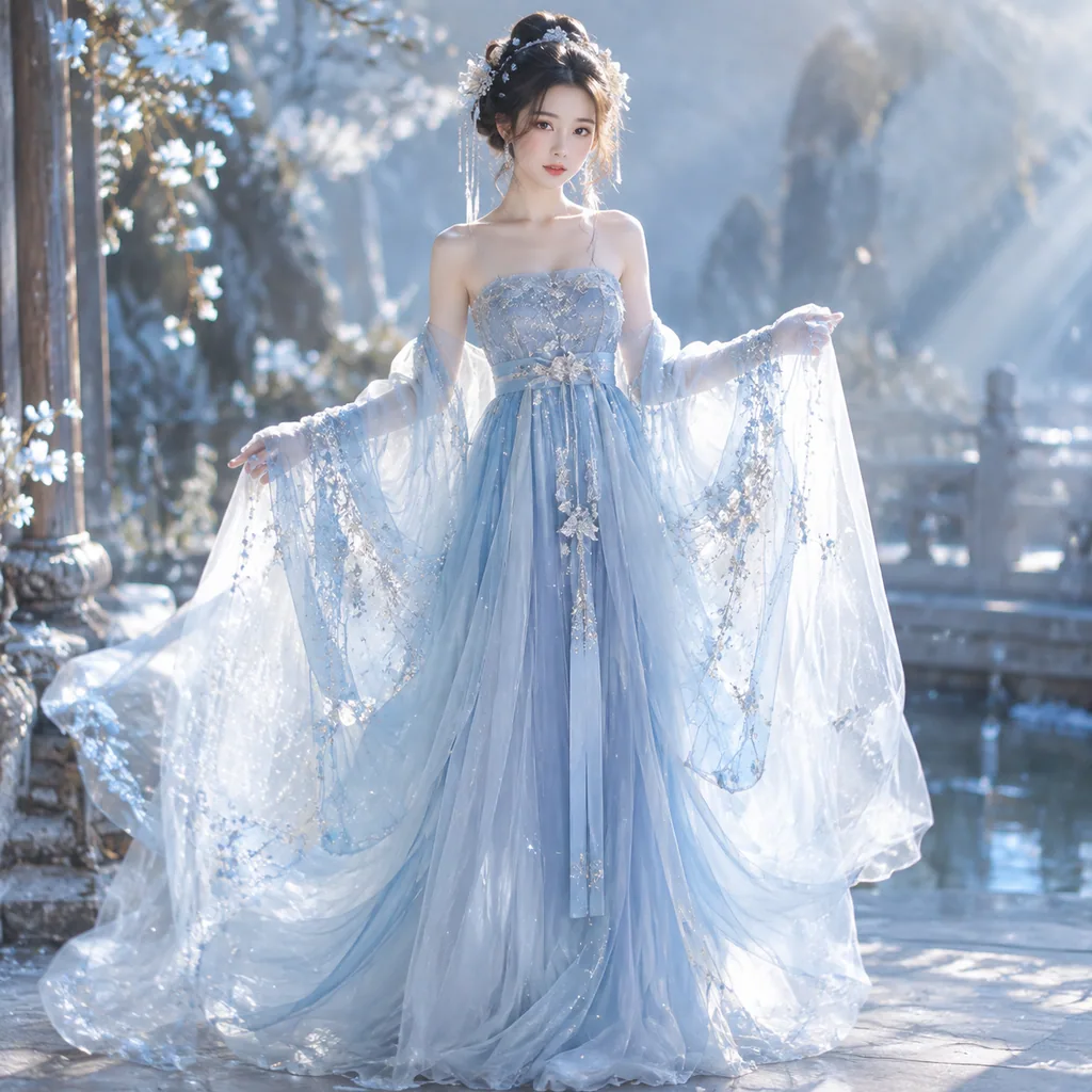 Full-length portrait of a model in a pale ice-blue layered hanfu with star-like silver sequins