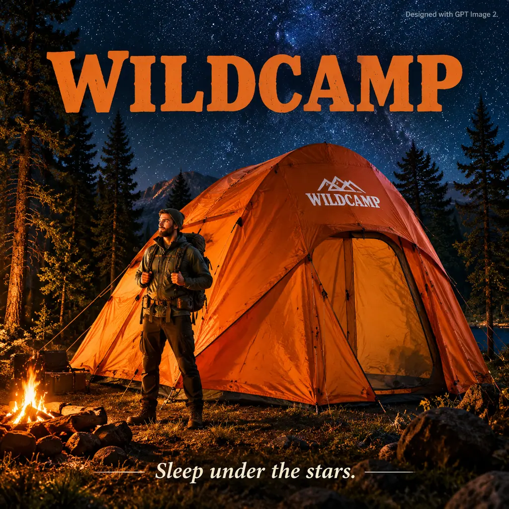 Hiker beside a huge orange WILDCAMP tent in a forest clearing under a starry sky