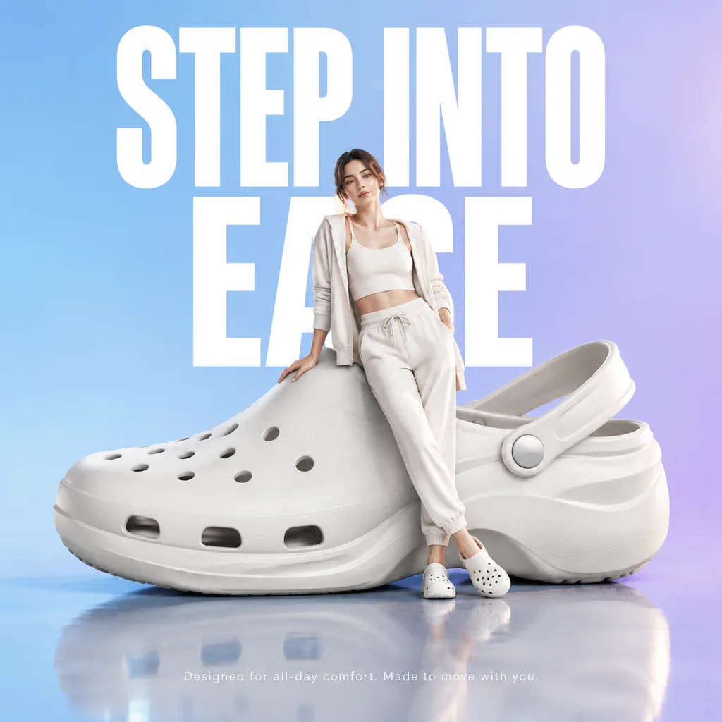 Model in neutral athleisure leaning on a giant futuristic comfort clog on a glossy floor