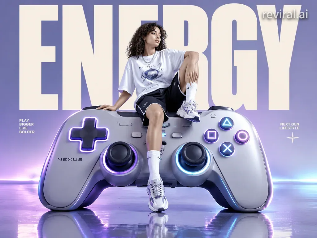 Athletic girl sitting on a giant retro game controller with ENERGY text behind her
