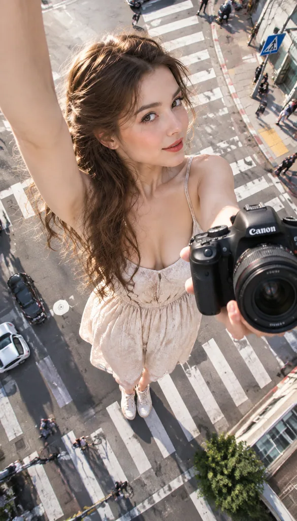 Surreal high-angle selfie of a giant woman towering over a city street, shot in 9:16