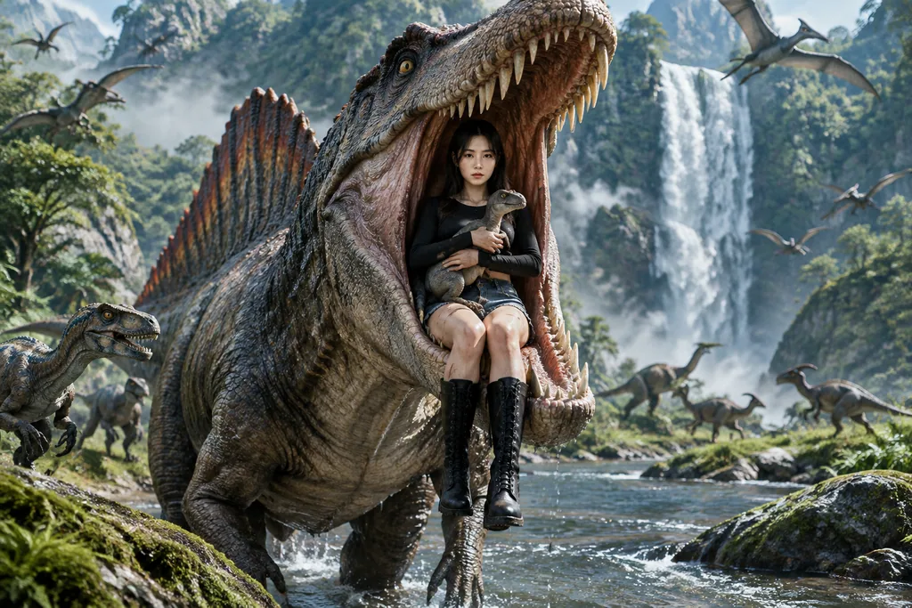Calm young woman sitting inside the open jaws of a huge spinosaurus in a prehistoric jungle river