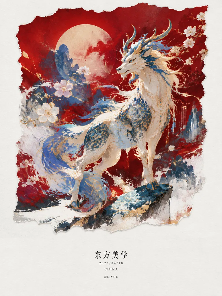 Torn paper Chinese landscape with a glowing blue mythical beast Qiongqi on white art paper