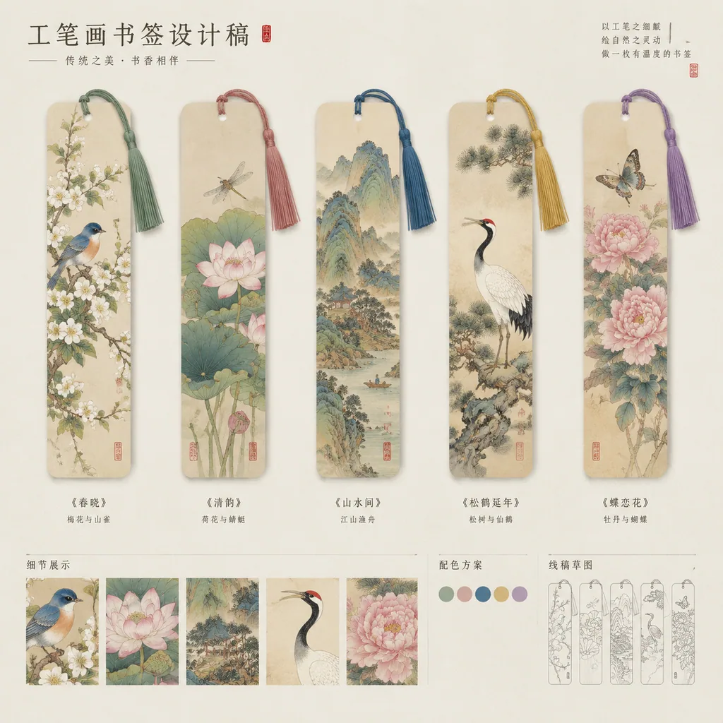 Series of elegant bookmarks with fine Chinese gongbi flower and bird paintings