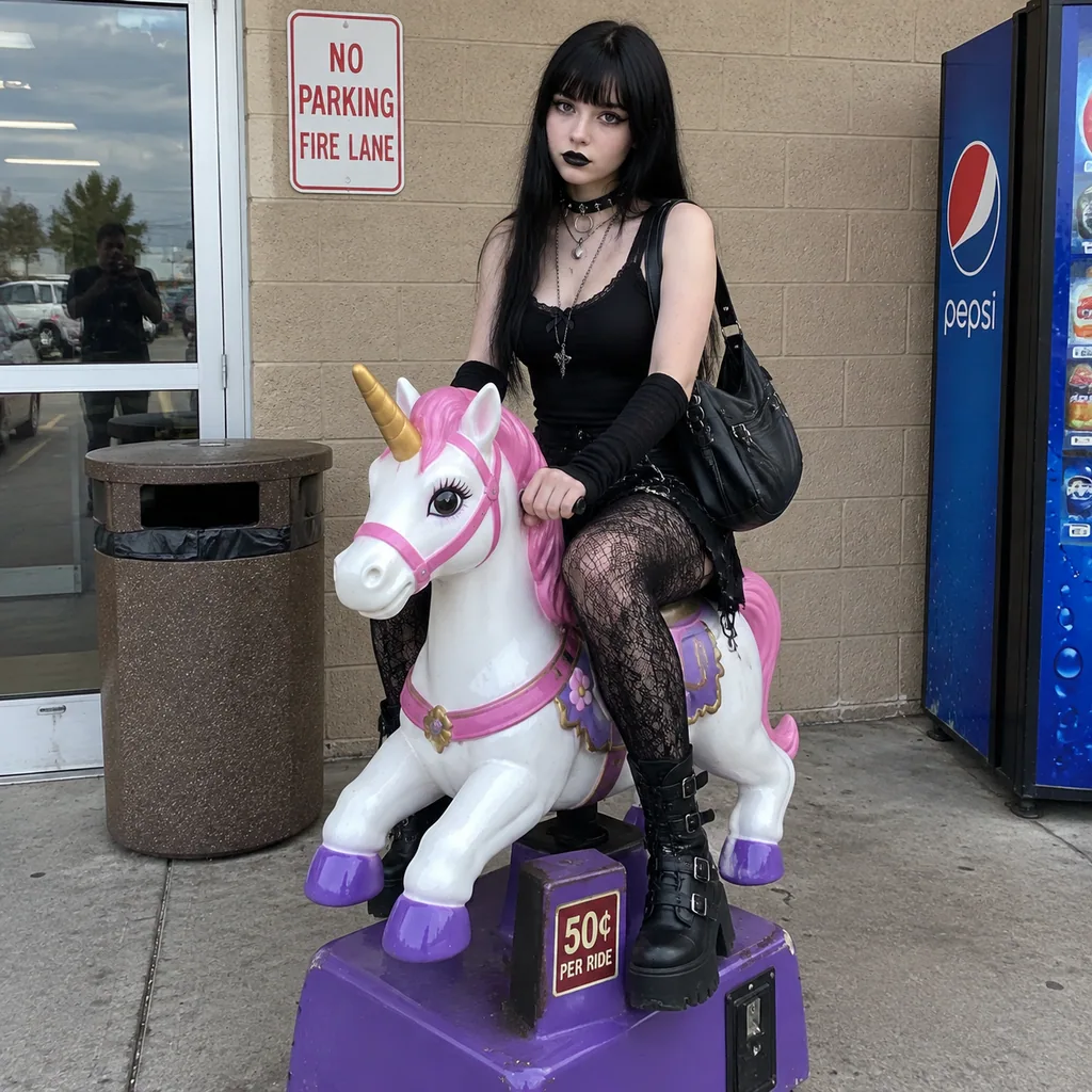 Candid photo of a deadpan goth woman with black lipstick sitting on a coin-operated unicorn ride