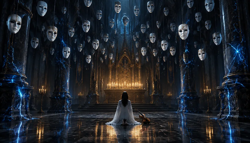 Cinematic gothic hall with a figure in a white robe kneeling before a candlelit golden altar