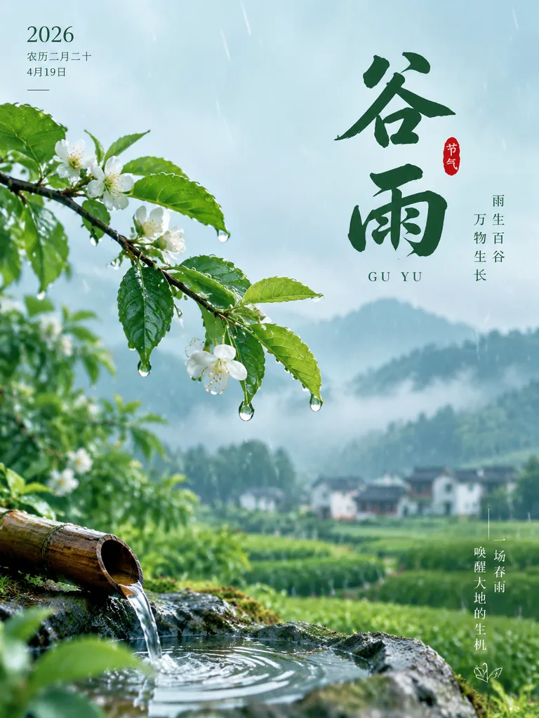 Spring poster for the 2026 Grain Rain solar term with soft rain and fresh green tones