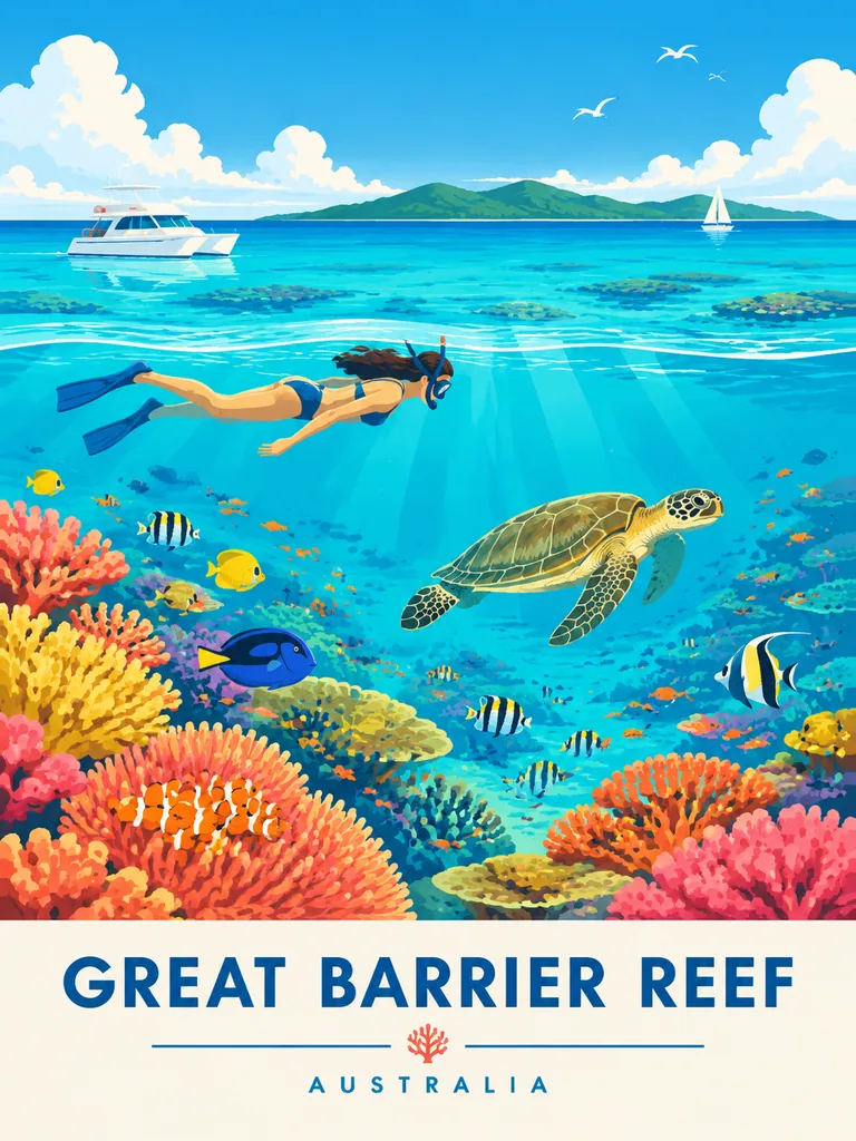 Flat vector mid-century travel poster of the Great Barrier Reef with coral and fish