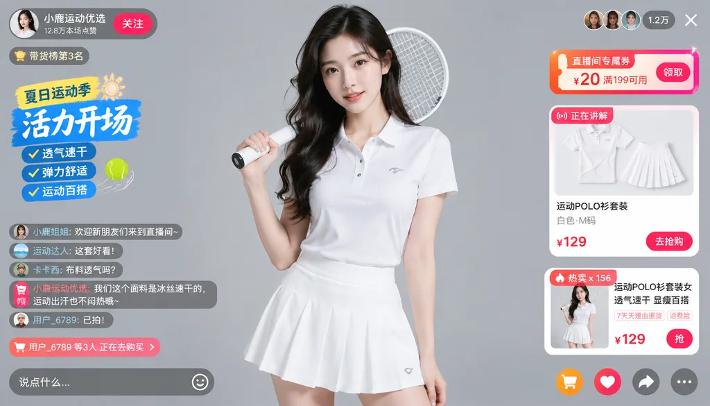 Live commerce screen of a woman with a tennis racket on a grey studio backdrop with buy buttons
