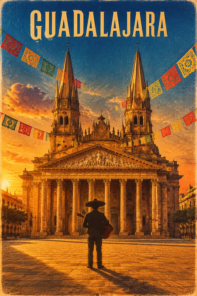 Vintage cinematic movie-style travel poster of Guadalajara, Mexico