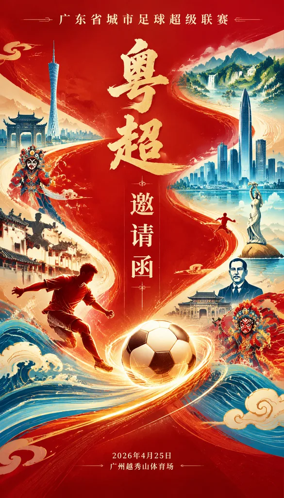 Chinese style football league poster with a glowing ball and Guangdong landmarks in an S curve