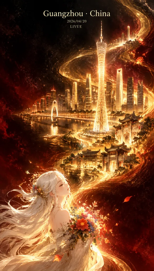 Black and red city poster with a golden energy flow revealing Canton Tower and Guangzhou landmarks