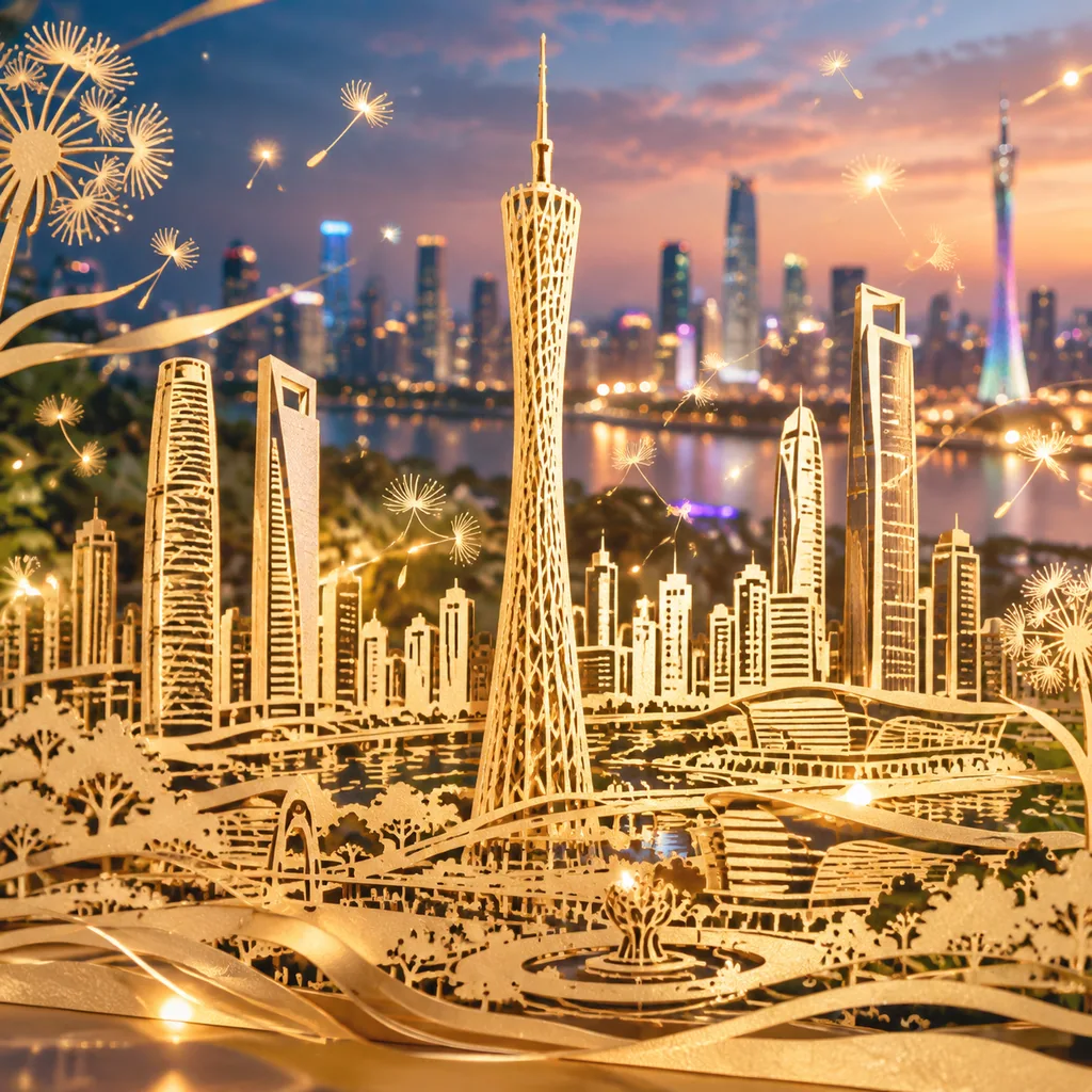 Intricate gold papercut of the Guangzhou skyline with Canton Tower and twin towers at night