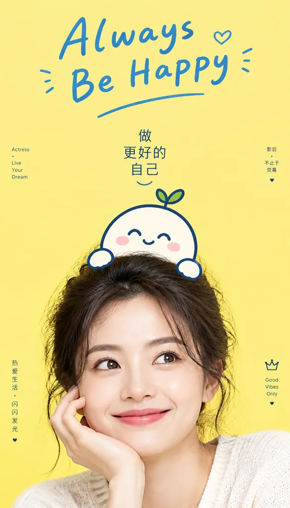 Bright poster with a cropped portrait, a cute mascot on top of the head and handwritten titles