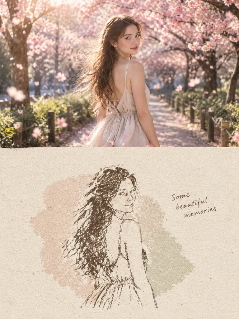 Vertical card with the original photo on top and a wax crayon sketch on handmade paper below