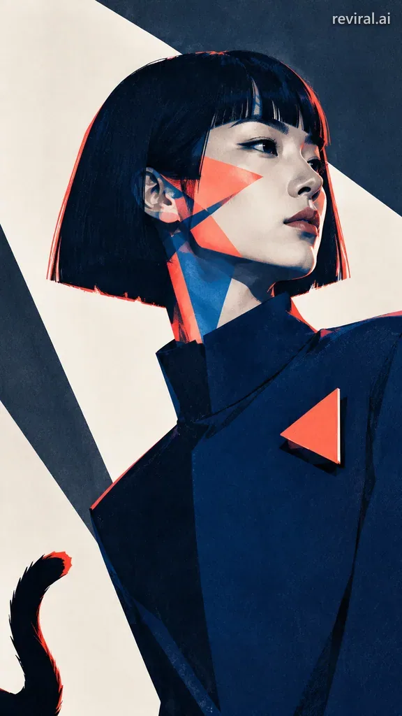 Screen-printed hard-edge art portrait of a young East Asian woman in three-quarter profile