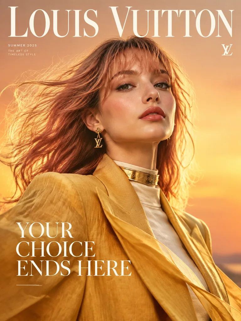 Fashion magazine cover with a close-up of a confident woman with rose-gold hair and soft makeup