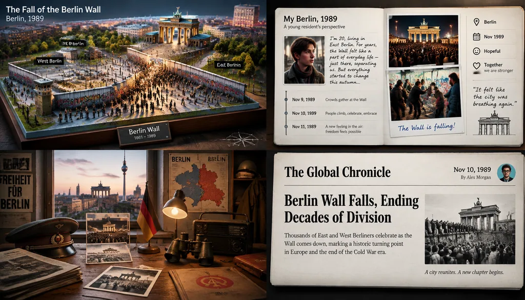 2x2 grid of 3D diorama maps with first-person infographic panels for historic events