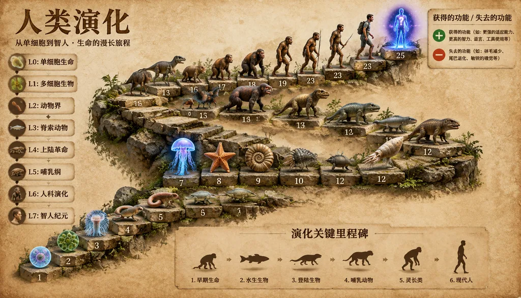 Realistic 3D evolution staircase infographic on parchment from single cells to modern humans