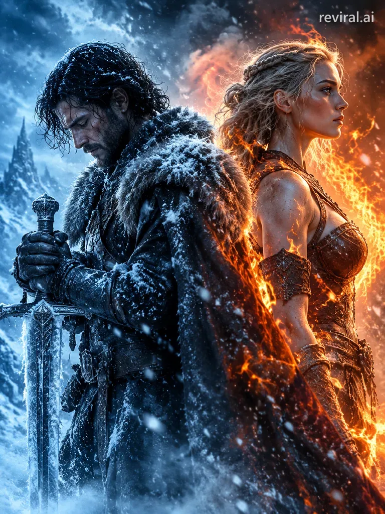 Two fantasy warriors standing back to back in a frozen storm, one with a sword, one with fire