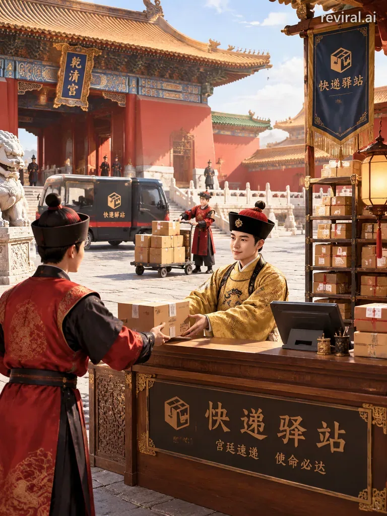 Ancient imperial palace courtyard reimagined as a busy parcel delivery station