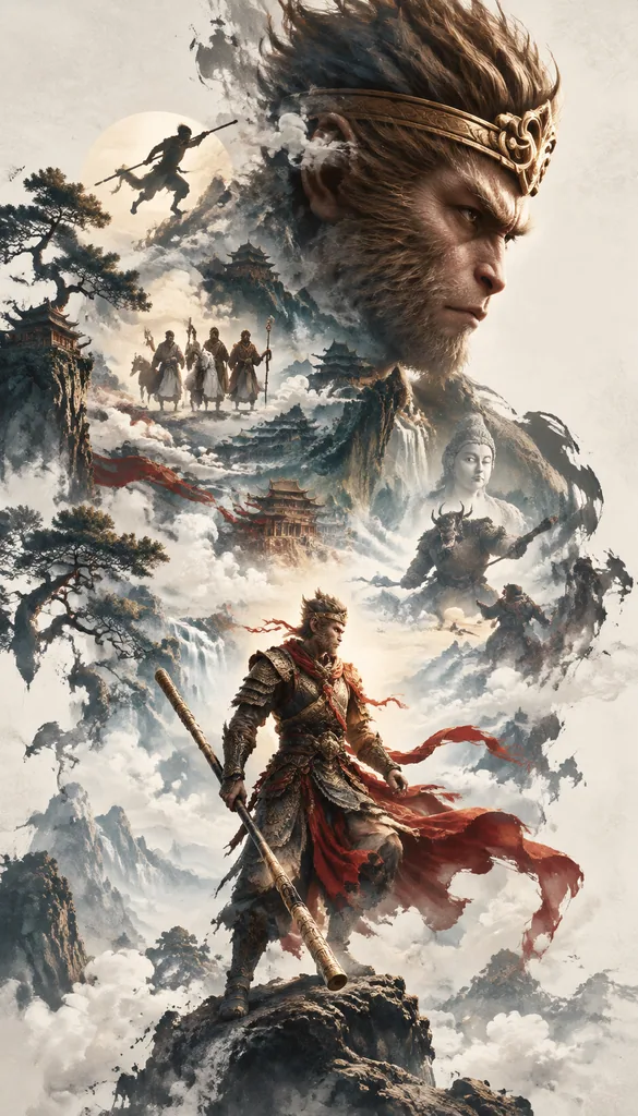 Vertical ink wash poster of the Monkey King with a giant silhouette, collage scenes and misty clouds
