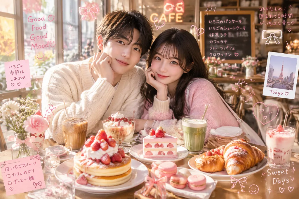 Japanese couple sharing desserts in a cozy cafe with cute pink doodles around them