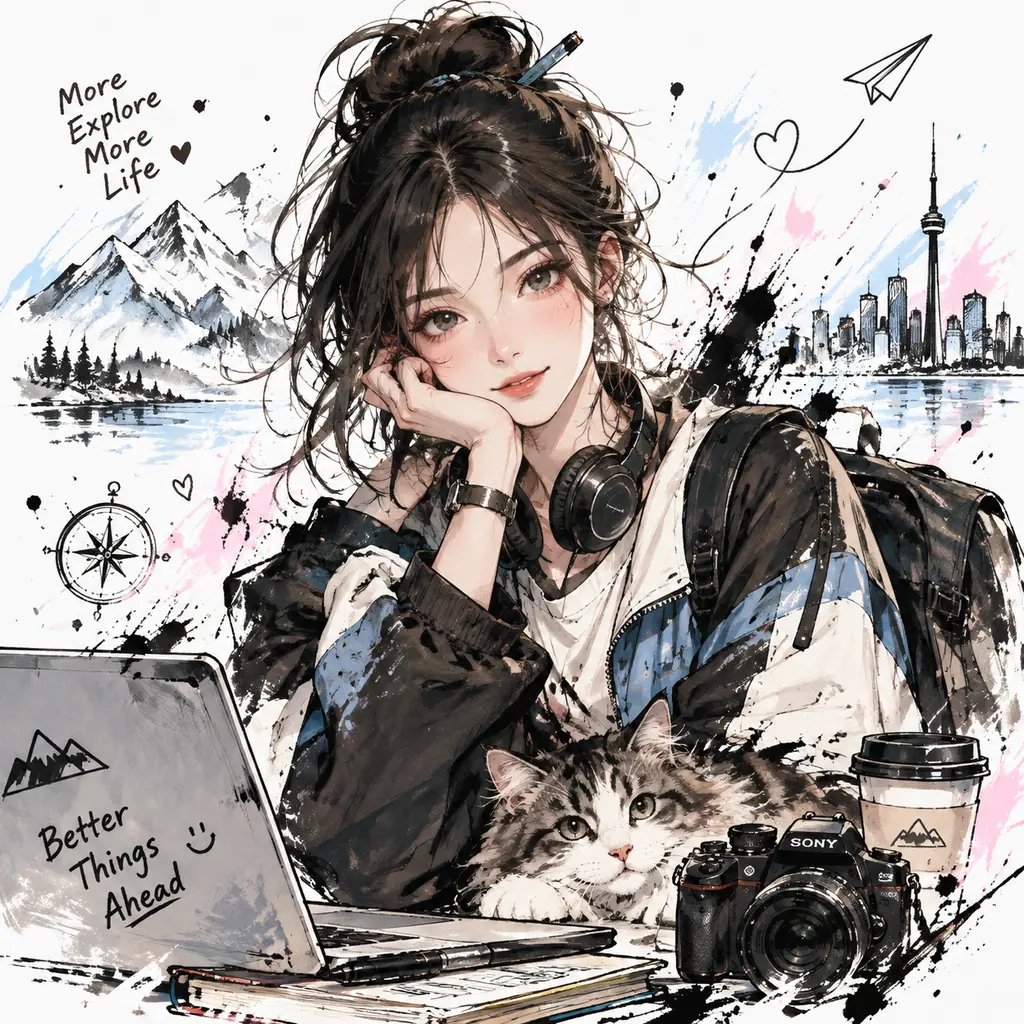 Japanese-style half-body illustration with ink splatter and pastel graffiti strokes