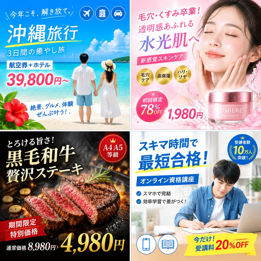 Four Japanese digital ads for travel, skincare and more, including an Okinawa beach couple