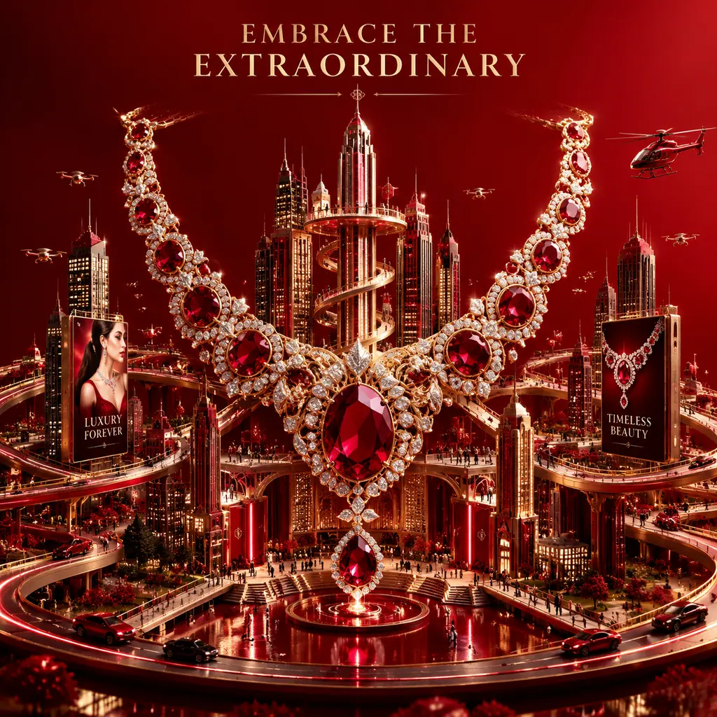 Giant ruby and diamond necklace surrounded by a miniature futuristic city