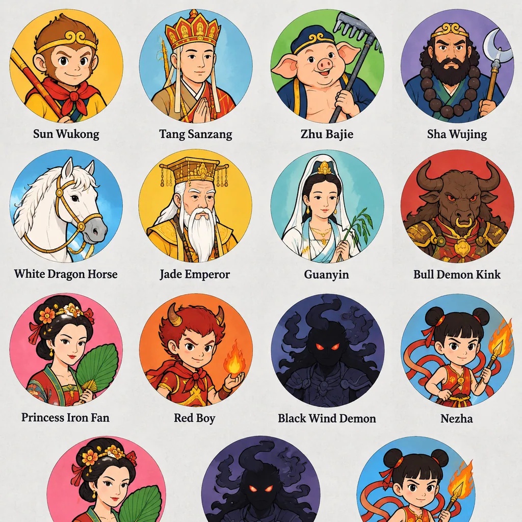 Grid of circular cartoon avatars of Journey to the West characters on light gray