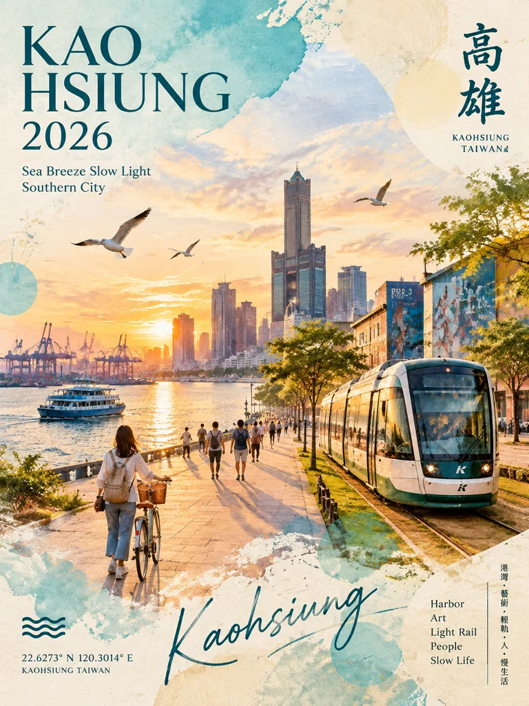 Watercolor collage poster of a Kaohsiung waterfront at sunset with a light rail tram