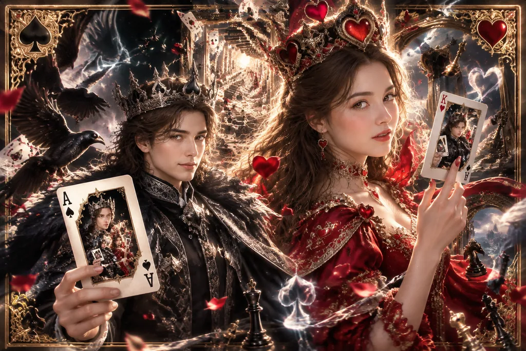 Playing card art of a person as the King of Spades with a recursive card design