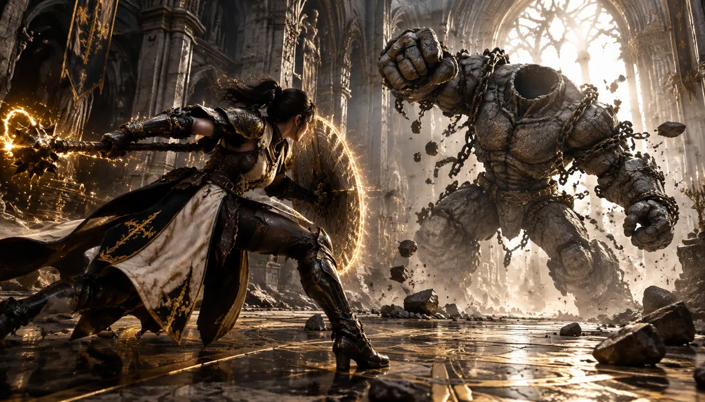 Armored knight-mage crouching in a ruined cathedral facing a giant stone golem